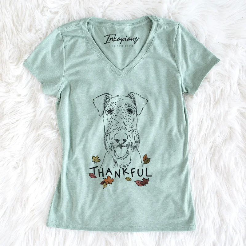 Thankful Andy the Airedale Terrier - Women's V-neck Shirt-- Machine Wash Dry Clean Hand Wash
