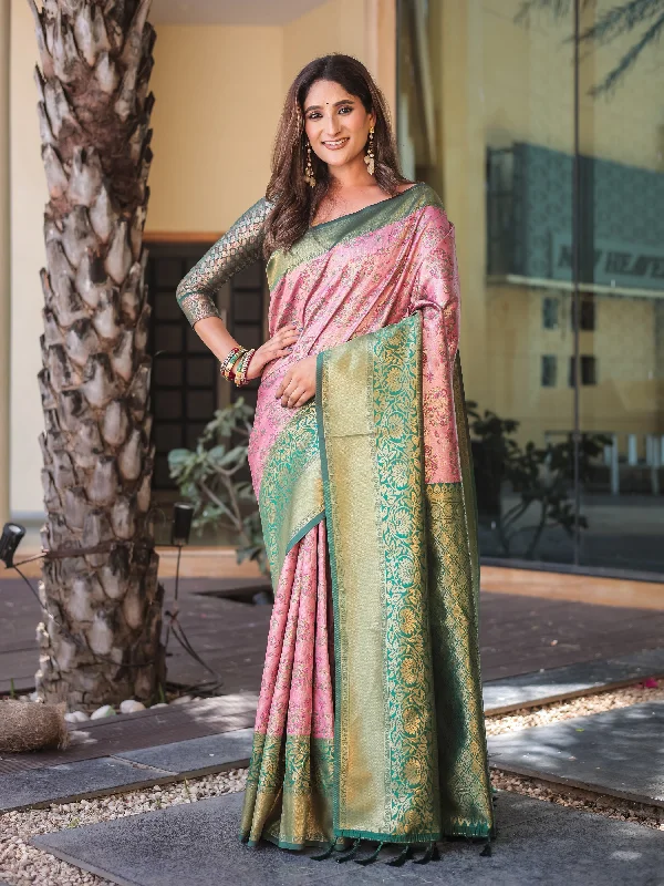 Sonakshi Women's Baby Pink Dharmavaram Silk Zari Woven Traditional Saree with Blouse Ruffled Neck Blouse