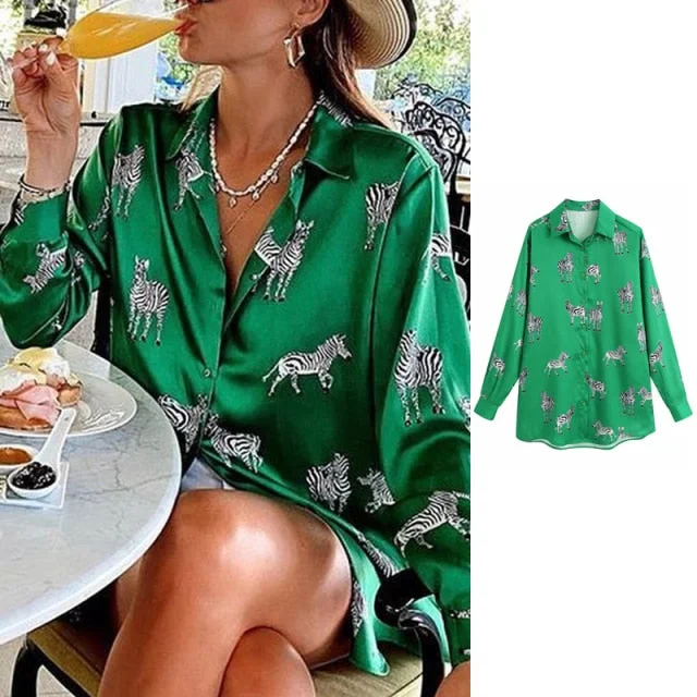women satin blouse long sleeve zebra print shirts vintage office ladies tops femme chandails za 2020 fashion blusa de mujer ins Side Tie Blouse