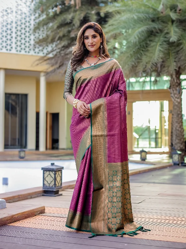 Sonakshi Women's Purple Kanjivaram Silk Zari Woven Traditional Saree with Blouse Loose Oversized Blouse