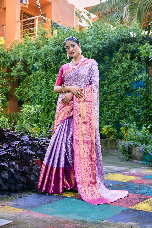 Sonakshi Women's Purple Banarasi Handloom Silk Zari Woven Traditional Saree with Blouse Balloon Sleeve Blouse