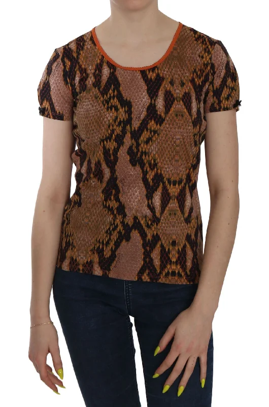 Just Cavalli Alluring Brown Snake Skin Pattern Women's Blouse Asymmetric Hem Blouse
