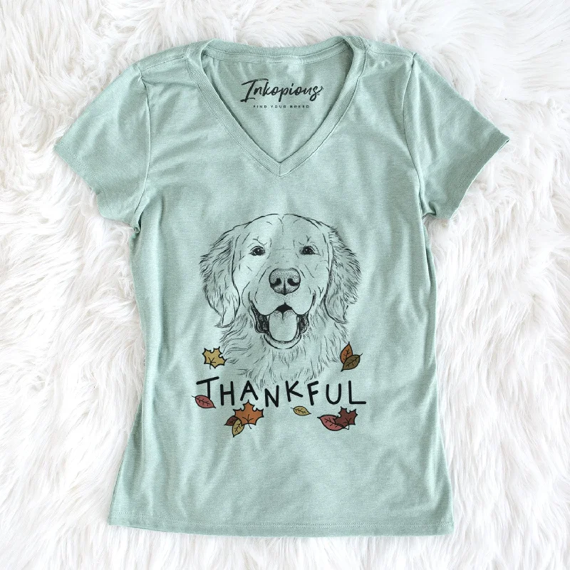 Thankful Sam the Golden Retriever - Women's V-neck Shirt-- Fashionable Trendy Casual