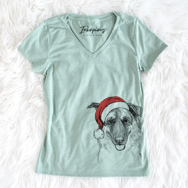 Santa Henry the German Shepherd - Women's Perfect V-neck Shirt-- Ribbed T-Shirt High Neck Heavyweight