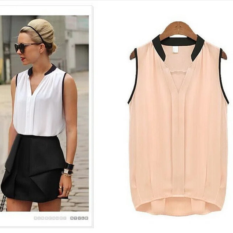 Womens Casual Chiffon Blouse Solid Color Sleeveless Womens Tops V-Neck Women Shirt Wild Style Airy Cotton Blouse
