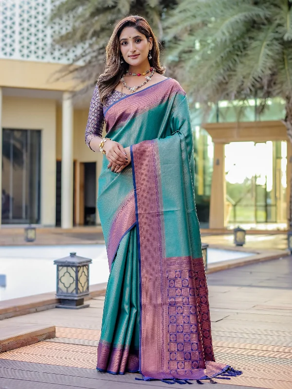 Sonakshi Women's Turquoise Kanjivaram Silk Zari Woven Traditional Saree with Blouse Embroidered Cotton Blouse