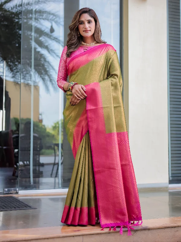 Sonakshi Women's Green Kanjivaram Silk Zari Woven Traditional Saree with Blouse Chic Sleeveless Blouse