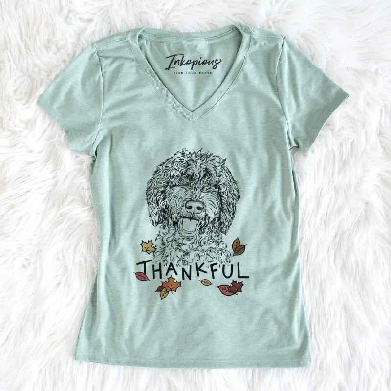 Thankful Jack the Chocolate Labradoodle - Women's V-neck Shirt-- Terry Blend Velvet Blend Canvas Blend
