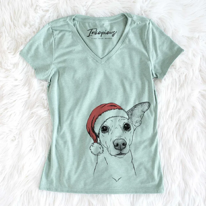Santa Molly the Jack Russell Terrier - Women's V-neck Shirt-- Welt Pockets Slit Pockets