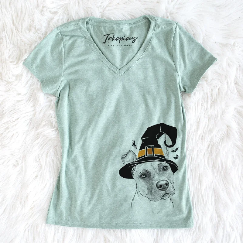 Witch Ivy the Pitbull Mix - Women's Perfect V-neck Shirt-- Graphic Embroidered Appliqued