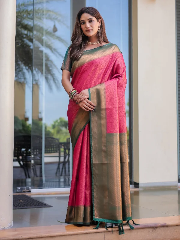 Sonakshi Women's Pink Kanjivaram Silk Zari Woven Traditional Saree with Blouse High Neck Blouse