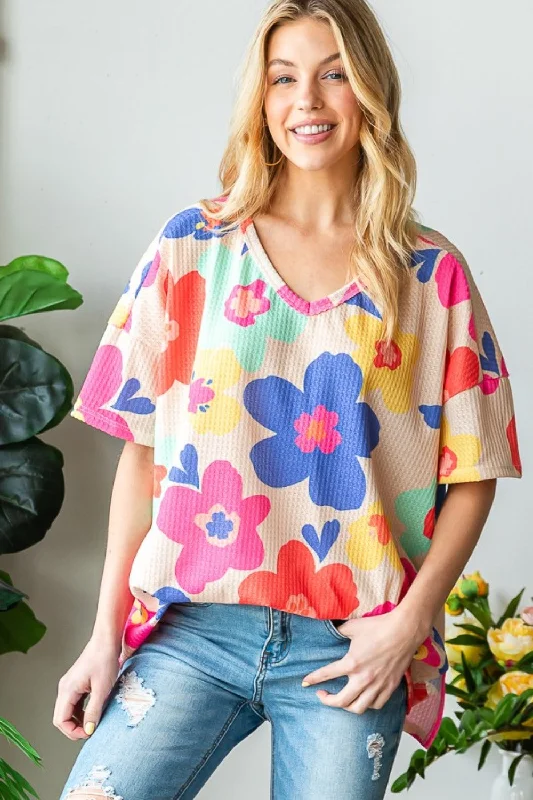 Blue Zone Planet |  HOPELY Full Size Floral V-Neck Side Slit T-Shirt-- Machine Wash Dry Clean Hand Wash