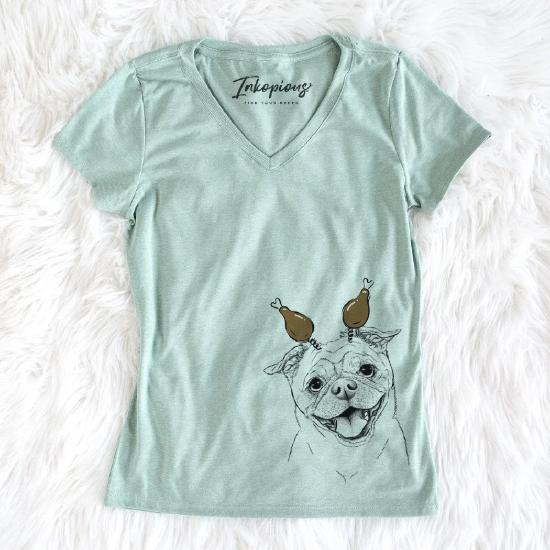 Thanksgiving Riley the Chug - Women's Perfect V-neck Shirt-- Jersey Fabric Tulle Fabric Batik Fabric