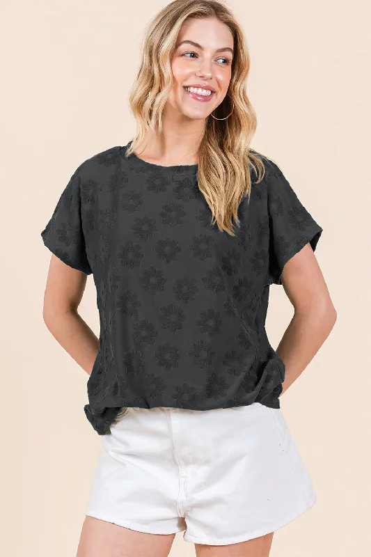 Blue Zone Planet |  BOMBOM Textured Floral Pattern Short Sleeve T-Shirt-- Zippered Front Buttoned Front Snap Front