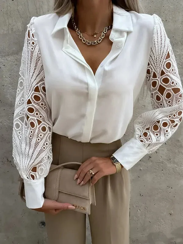Blue Zone Planet |  Spring and summer hot selling color lace stitching shirt shirt for women-- Collared Crew Neck Turtle Neck