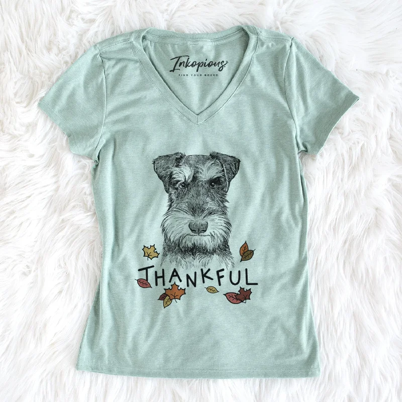 Thankful Murphy the Mini Schnauzer - Women's V-neck Shirt-- Rayon Fabric Velvet Fabric Corduroy Fabric