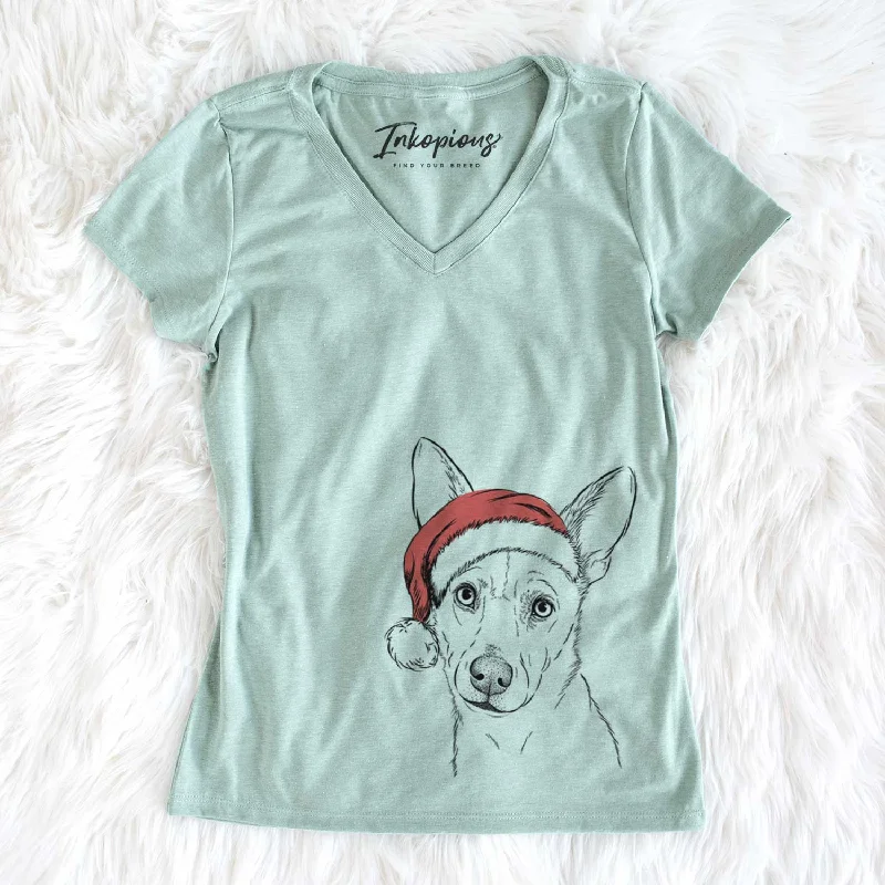 Santa Sooner the Huskimo - Women's V-neck Shirt-- Wool Fabric Cashmere Fabric Tweed Fabric