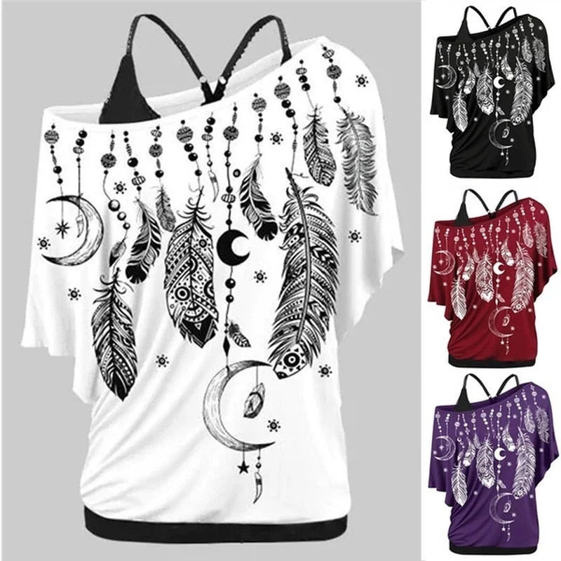 Women Shirts Blouses Feather Print One Shoulder Top Casual Ladies Sexy Tops Skew Neck Shirts Blouse Ruched Sleeve Blouse