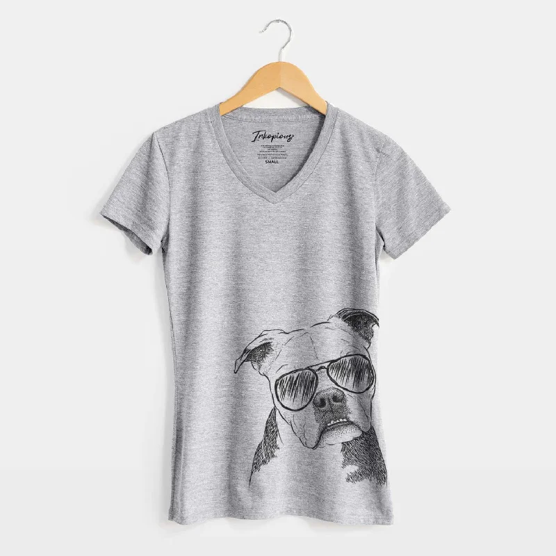Aviator Aggy the Olde English Bulldogge - Women's V-neck Shirt-- Thin T-Shirt Open Front Quick Dry