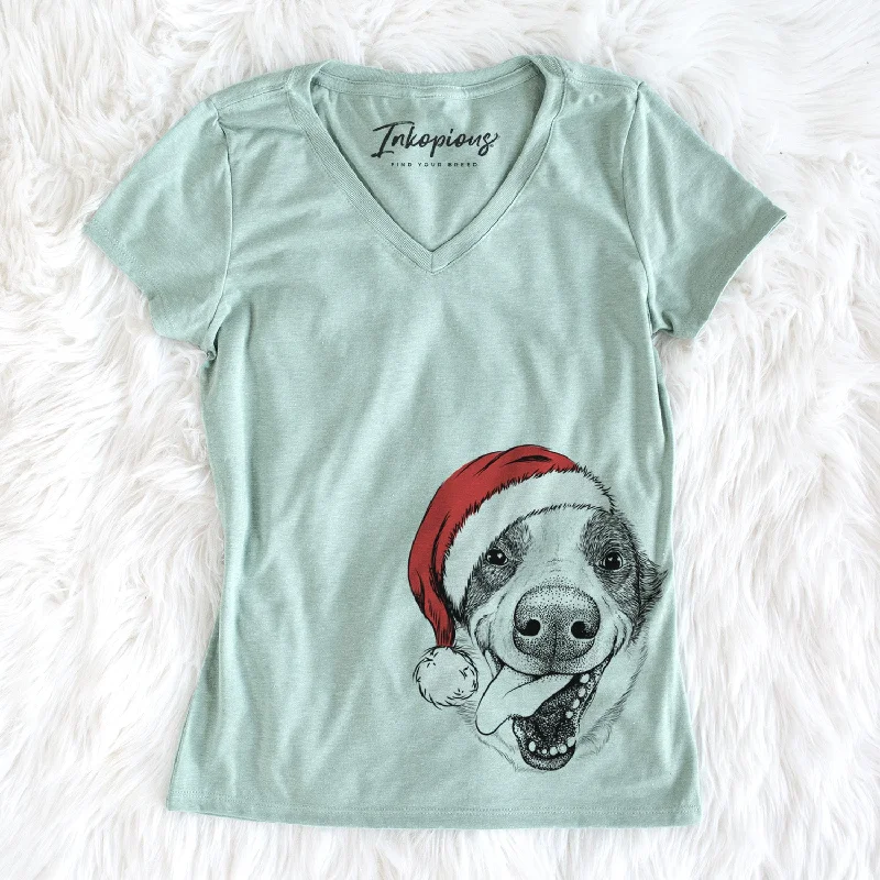 Santa Elwood the Border Collie - Women's Perfect V-neck Shirt-- Silk Blend Satin Velvet