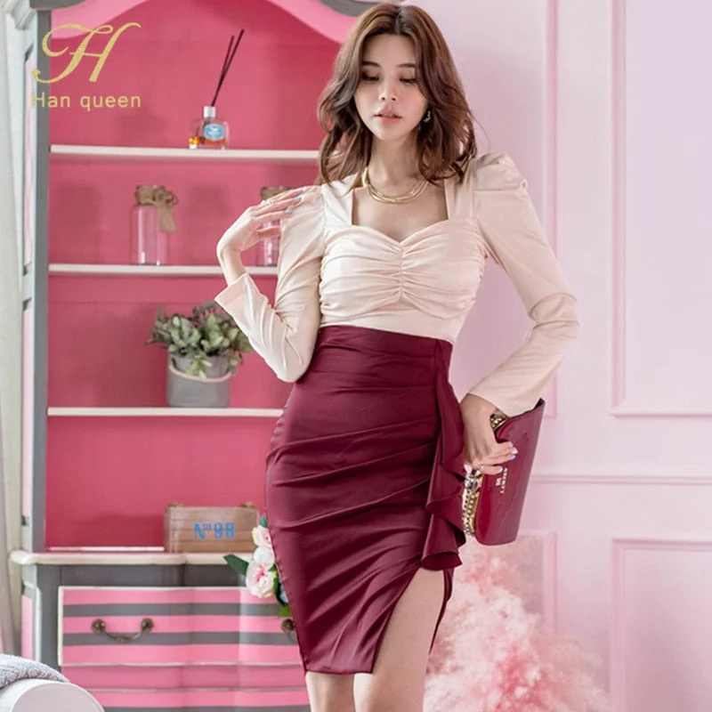 H Han Queen New 2 Pieces Set Women Autumn Folds Shirts Blouses And High Waist Split Ruffles Skirts Korean Chic Office Lady Suit Feminine Tie Blouse