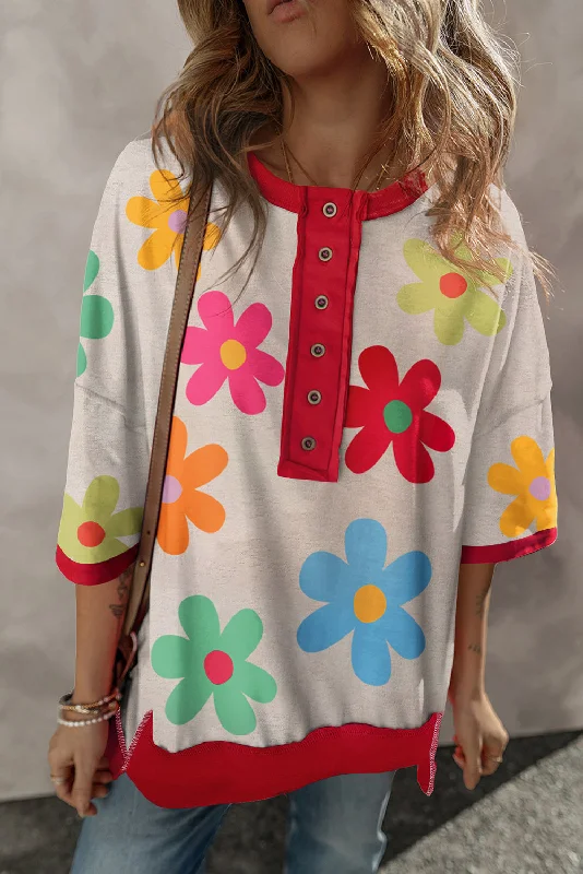 Rose Floral Grommet Accent Contrast Trim Drop Shoulder T-shirt-- Welt Pockets Slit Pockets