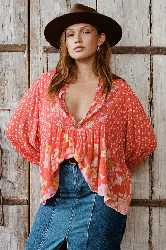 Yellow Rose Boho Blouse Pleated Collar Blouse