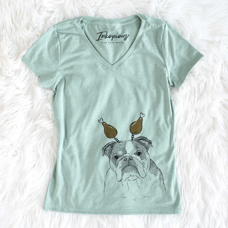 Thanksgiving Jack the English Bulldog - Women's Perfect V-neck Shirt-- Chenille Brocade Lace