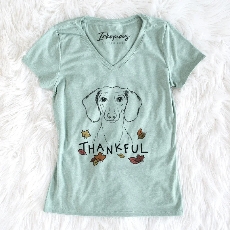 Thankful Hans the Dachshund - Women's V-neck Shirt-- Polka Dot Checkered Tartan