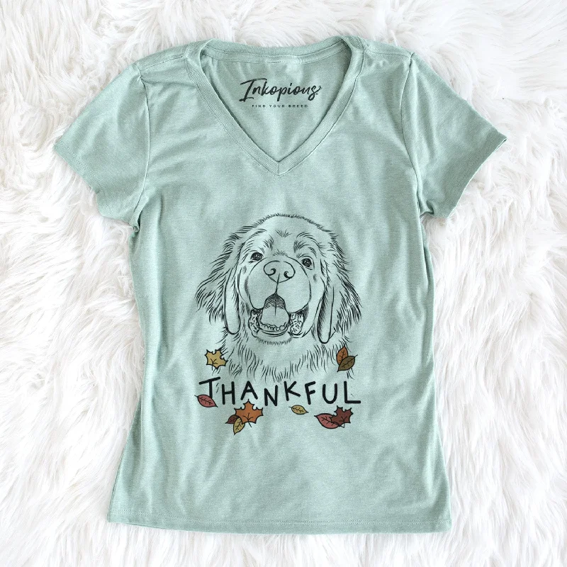 Thankful Mozart the Newfoundland - Women's V-neck Shirt-- Chenille Fabric Brocade Fabric Lace Fabric