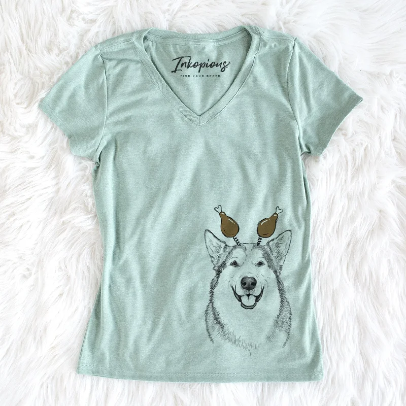 Thanksgiving Vader the Alaskan Malamute - Women's Perfect V-neck Shirt-- Mesh Canvas Denim