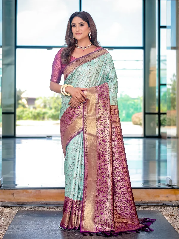 Sonakshi Women's Turquoise Dharmavaram Silk Zari Woven Traditional Saree with Blouse Gathered Detail Blouse