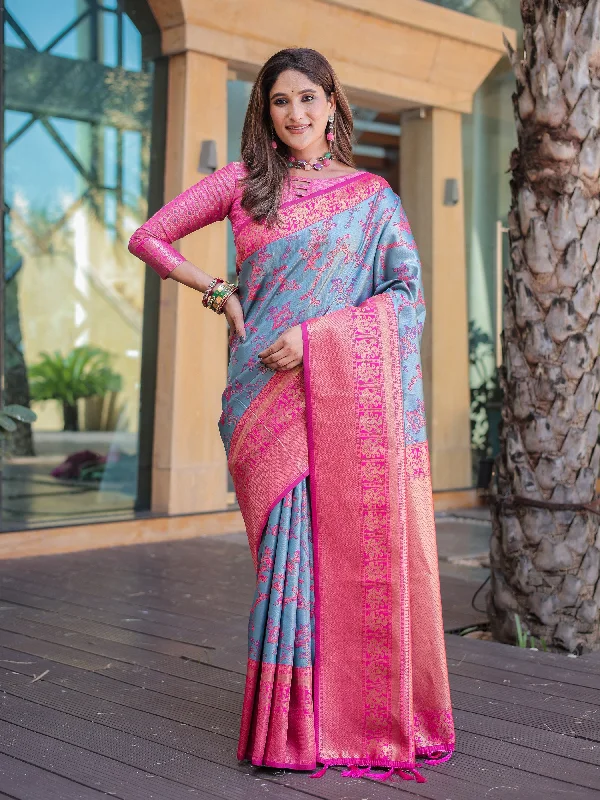 Sonakshi Women's Sky Blue Dharmavaram Silk Zari Woven Traditional Saree with Blouse Semi-Sheer Blouse