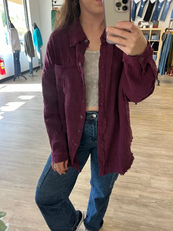 Gauze Button-down Shirt in Eggplant-- Satin Blend Silk Blend Wool Blend