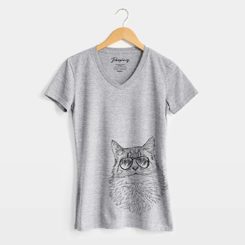 Aviator Olive the Cat - Women's V-neck Shirt-- Boxy Fit Fitted Loose