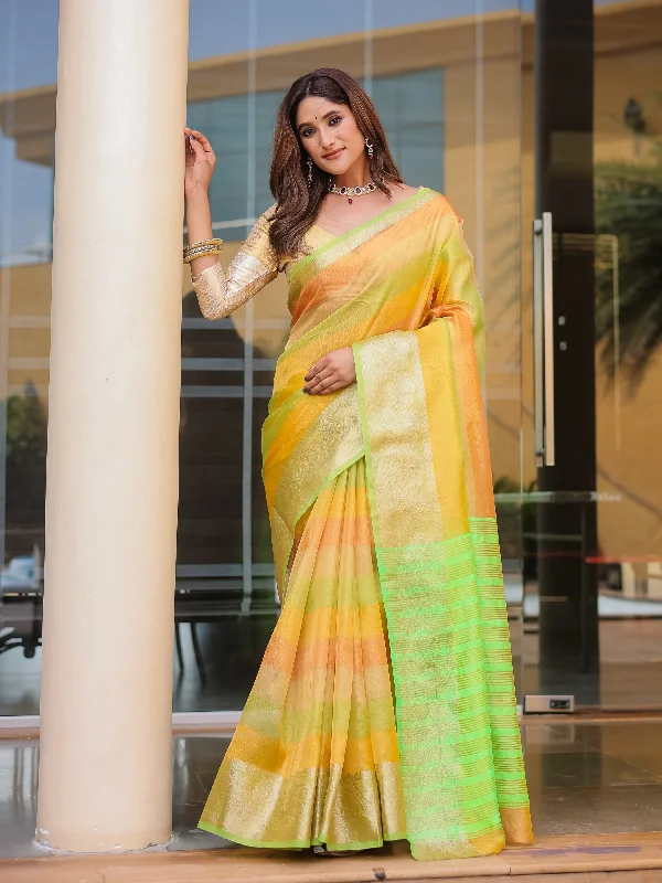 Sonakshi Women's Green Banarasi Handloom Silk Zari Woven Traditional Saree with Blouse Satin Drape Blouse