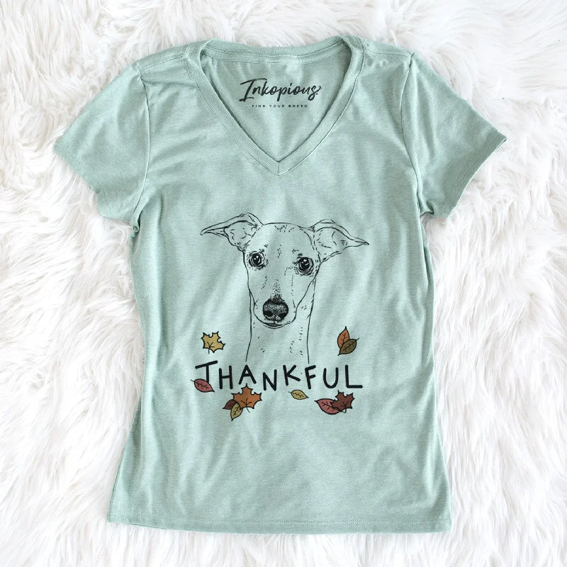 Thankful Pip the Italian Greyhound - Women's V-neck Shirt-- Welt Pockets Slit Pockets Flap Pockets