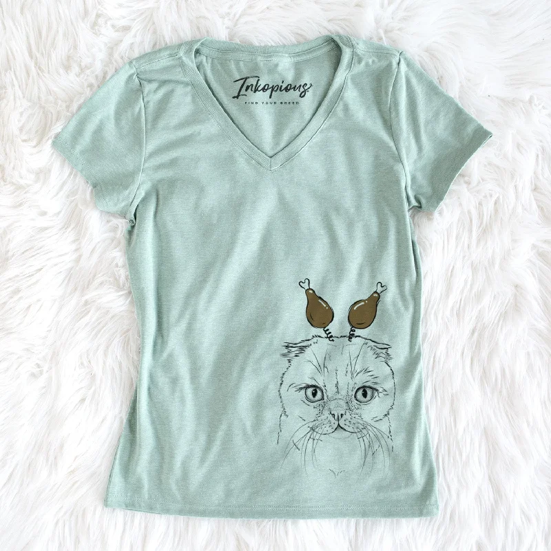 Thanksgiving Lina the Exotic Fold Cat - Women's Perfect V-neck Shirt-- Front Pockets Side Pockets Patch Pockets