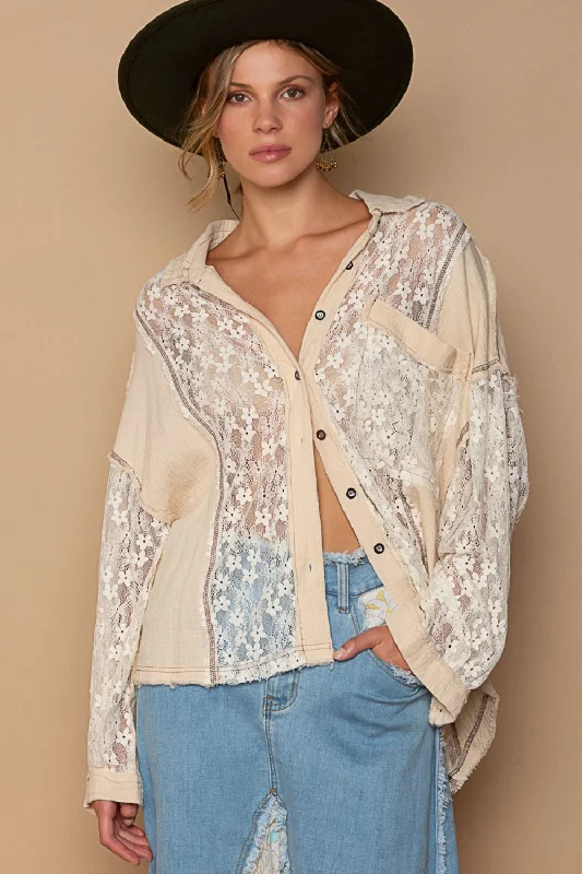 Hazel Blues® |  POL Oversize Lace Button-Down Shirt-- Satin Blend Silk Blend Wool Blend