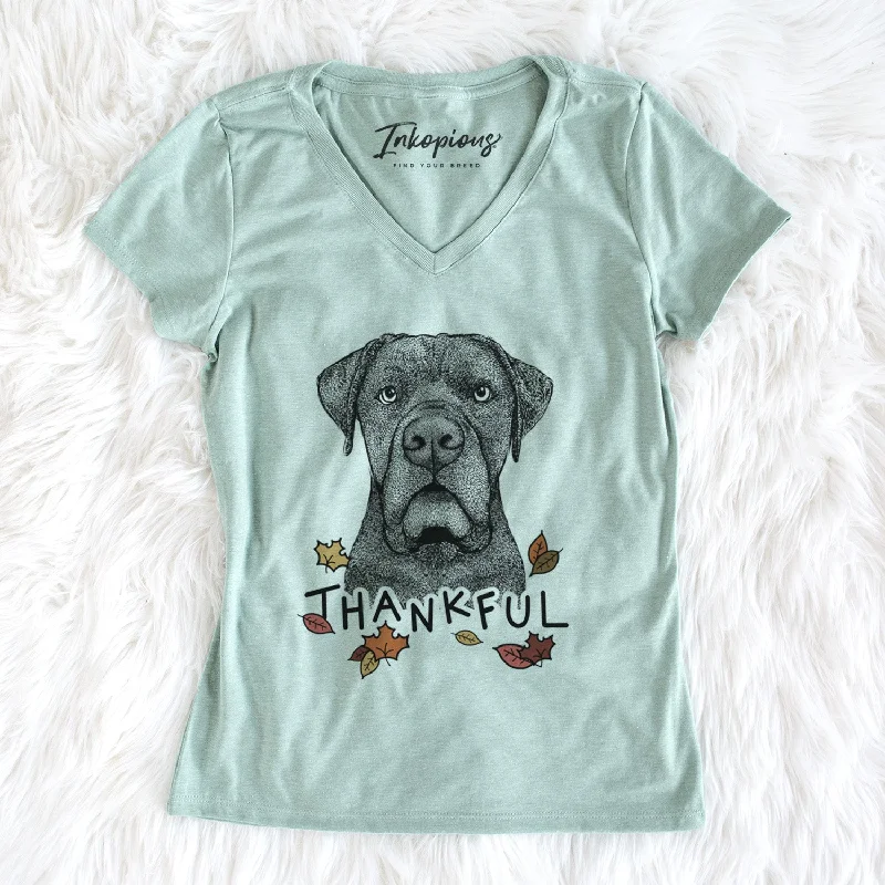 Thankful Rocco the Cane Corso - Women's V-neck Shirt-- Striped Floral Plaid