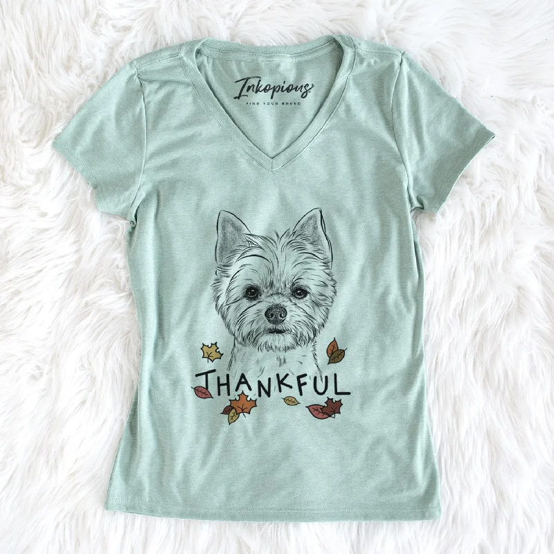 Thankful Chewy the Yorkshire Terrier - Women's V-neck Shirt-- Anti-Pilling Machine Wash Handmade