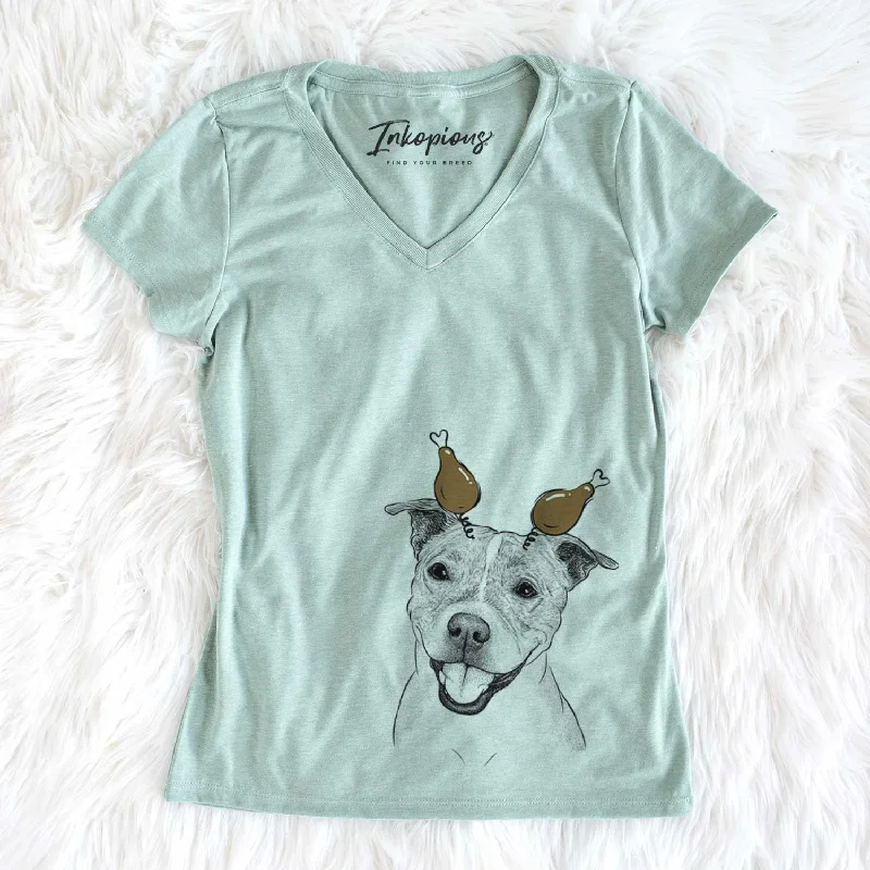 Thanksgiving BrookLyn the Staffordshire Bull Terrier - Women's V-neck Shirt-- Hooded Caped Shawl Collar