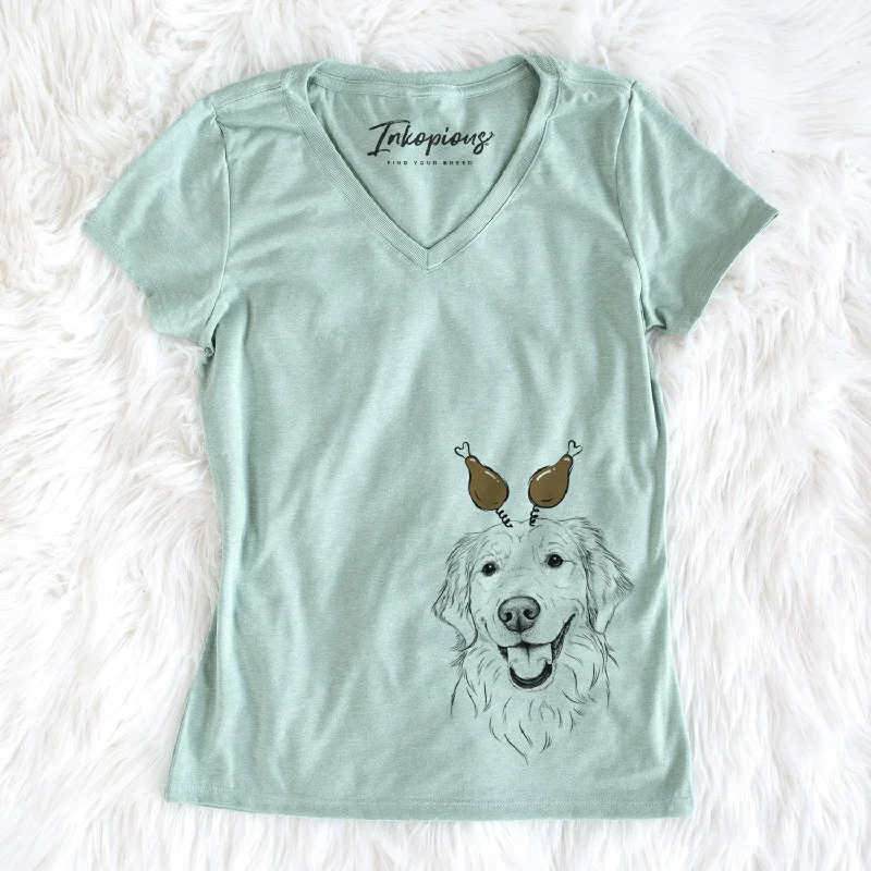 Thanksgiving Maple the Golden Retriever - Women's Perfect V-neck Shirt-- Mesh Blend Leather Blend Suede Blend