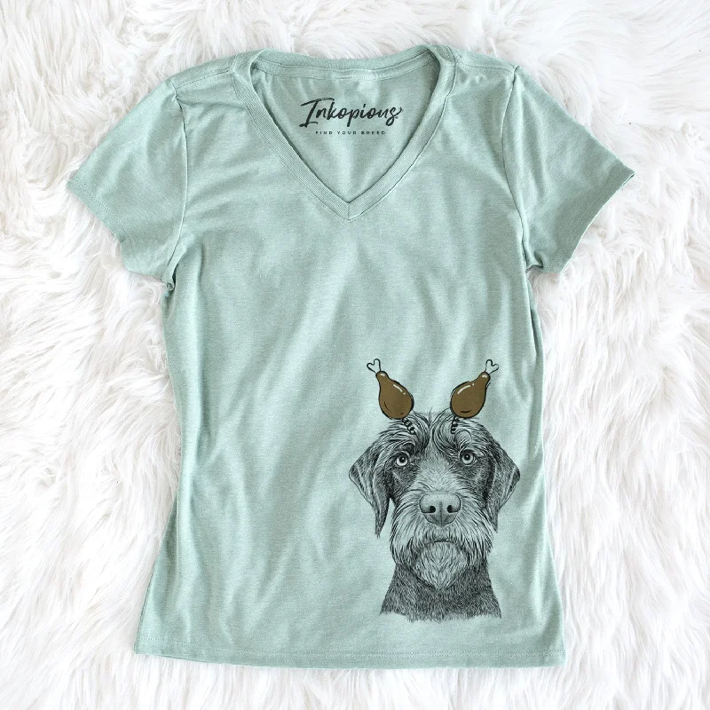 Thanksgiving Oakley the Pudelpointer - Women's Perfect V-neck Shirt-- Spandex Blend Rayon Blend Denim Blend