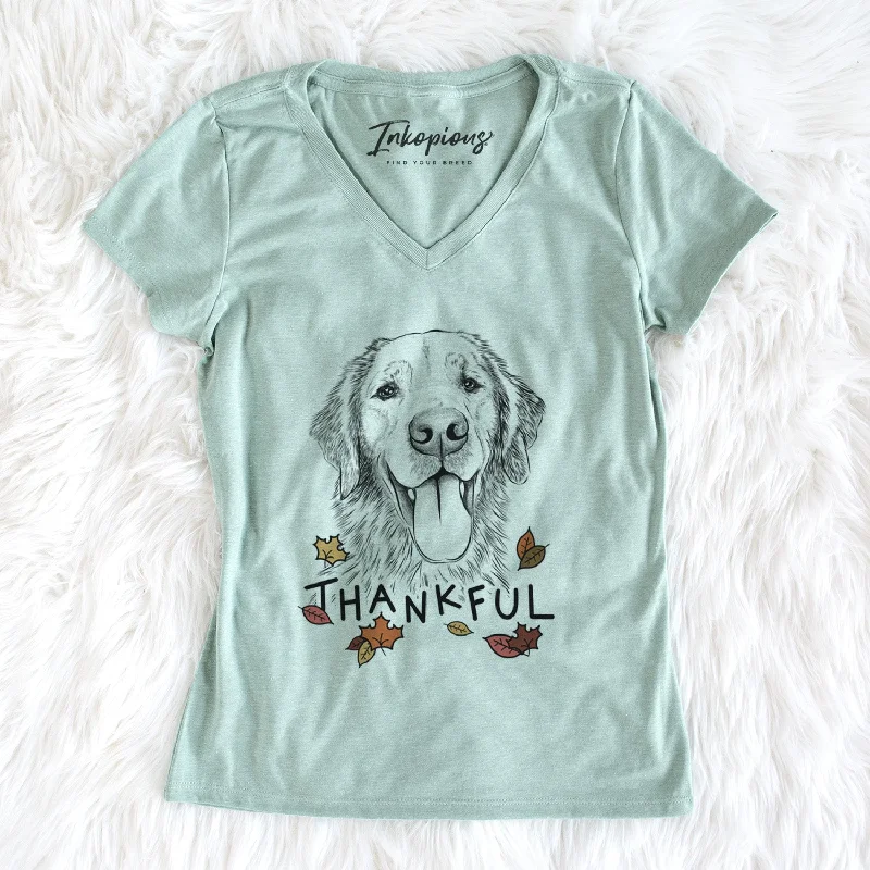Thankful Oliver Tredup the Golden Retriever - Women's V-neck Shirt-- Satin Fabric Silk Fabric Chiffon Fabric