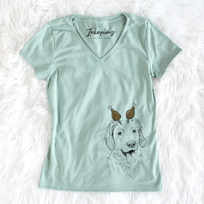Thanksgiving Semba the Golden Retriever - Women's Perfect V-neck Shirt-- Lace Blend Ribbed Blend Corduroy Blend