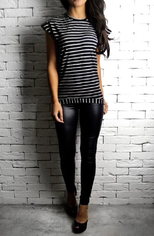Cap Sleeve T-Shirt - Black/White Stripe-- Solid Print Embellished