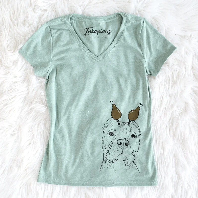 Thanksgiving Bam Bam the Pitbull - Women's Perfect V-neck Shirt-- Print Jacquard Patchwork