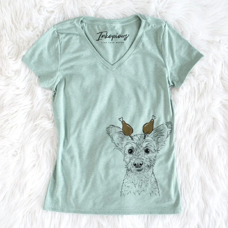 Thanksgiving Heidi the Schnauzer Mix - Women's Perfect V-neck Shirt-- Asymmetrical Pockets Print Thanksgiving Heidi the Schnauzer Mix - Women's Perfect V-neck Shirt-- Asymmetrical Pockets Print
