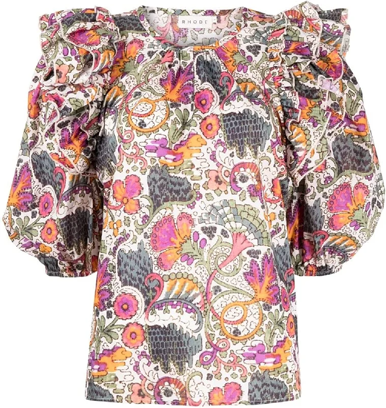 Rhode Women's Nino Ruffle Trim Elbow Sleeve Blouse, Lamu Mini Floral Print Blouse